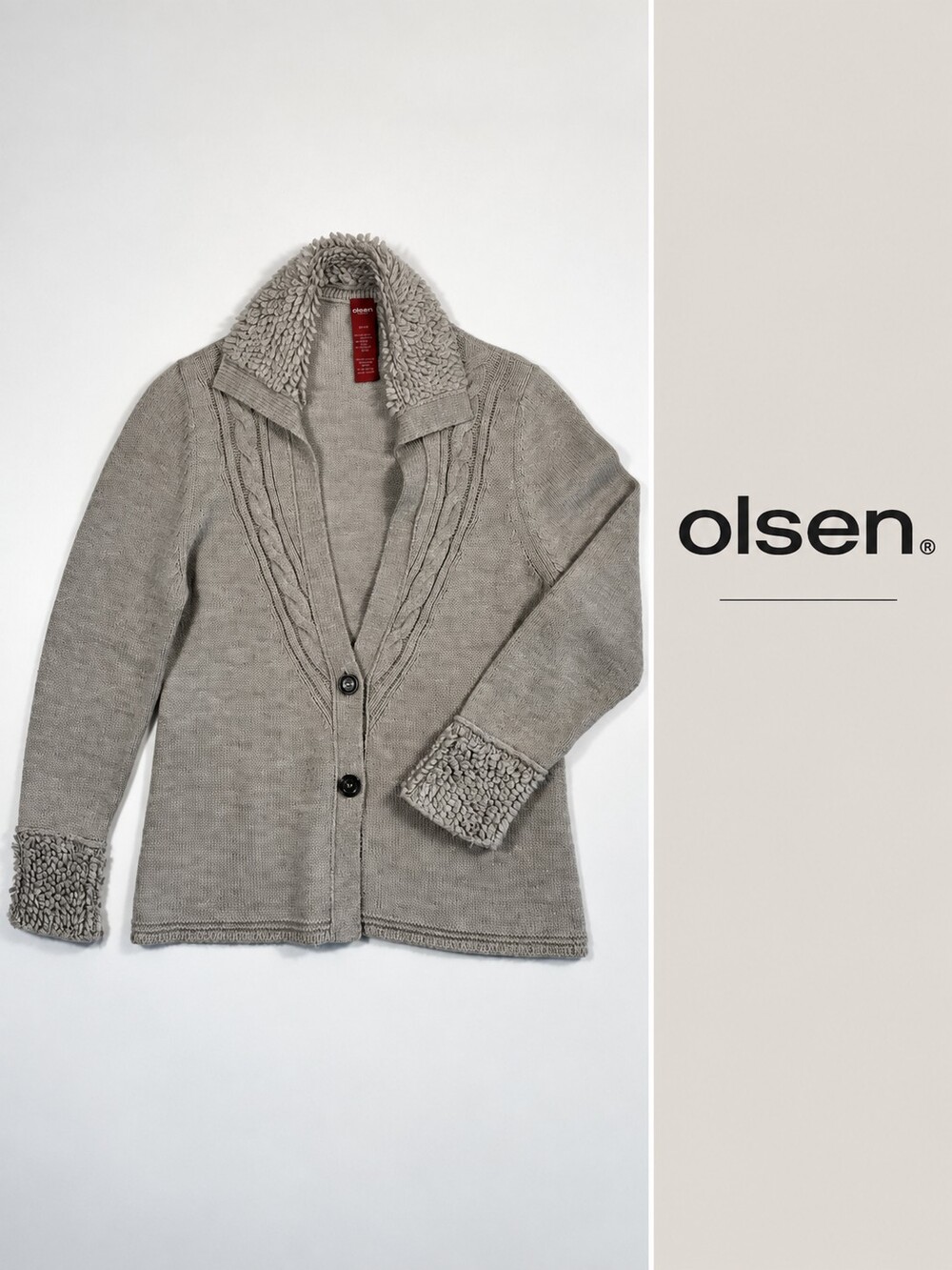 Olsen Europe Merino Wool Alpaca Blend Cardigan Grey Textured Collar M-L 12
